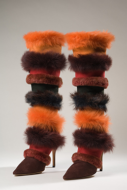 Red, orange and burgundy suede and long-haired pressed shearling boots