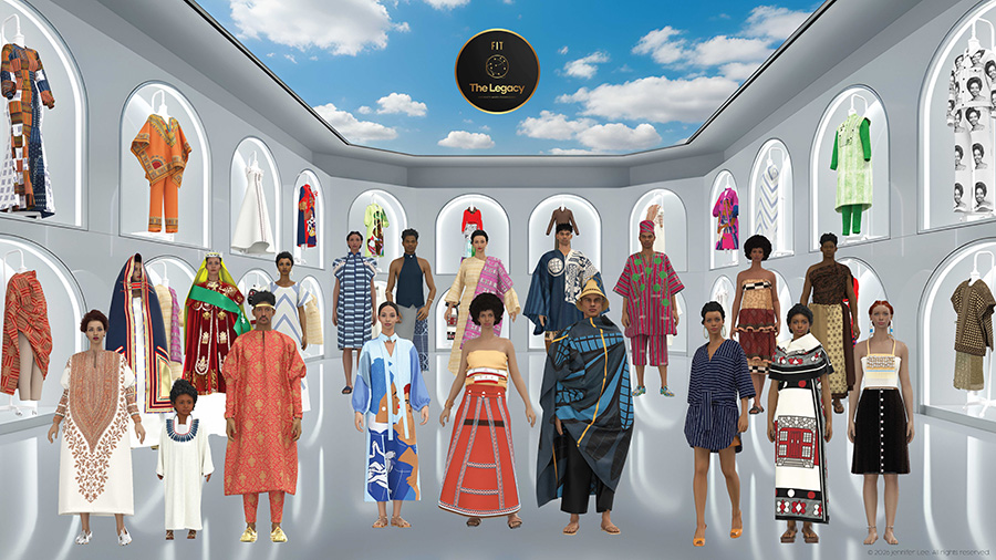 fashion illustration of various models wearing multi-color ensembles in a gallery