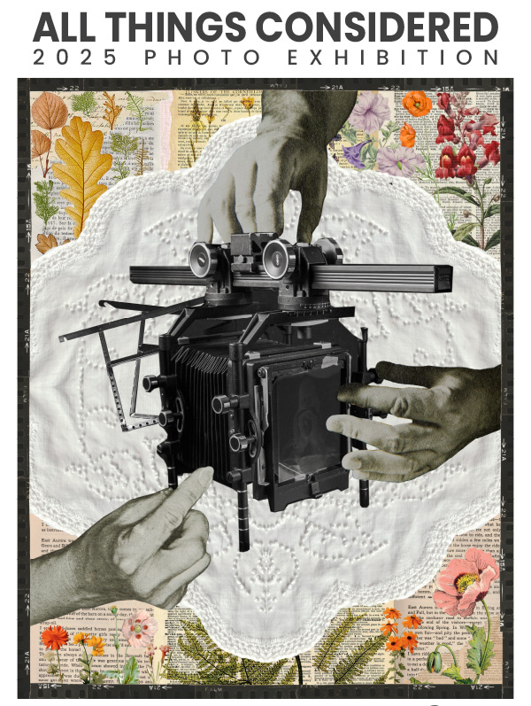 photo montage of hands holding a vintage camera layered over a dolly and book prints