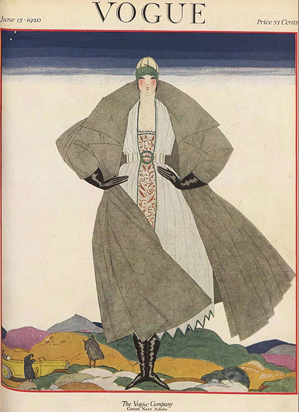 VOGUE magazine cover featuring an illustration of a woman wearing a large gray coat, black gloves, and white dress with black boots