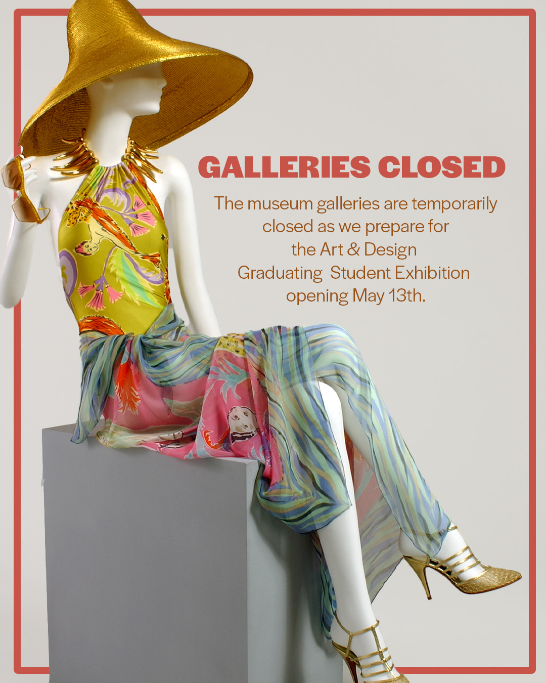 text matching exhibition description and mannequin wearing a golden yellow woven hat and multi-color halter dress
