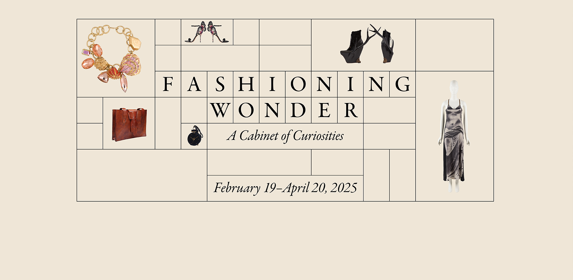 necklace, boots, purses, butterfly heels, and silver dress arranged in a grid