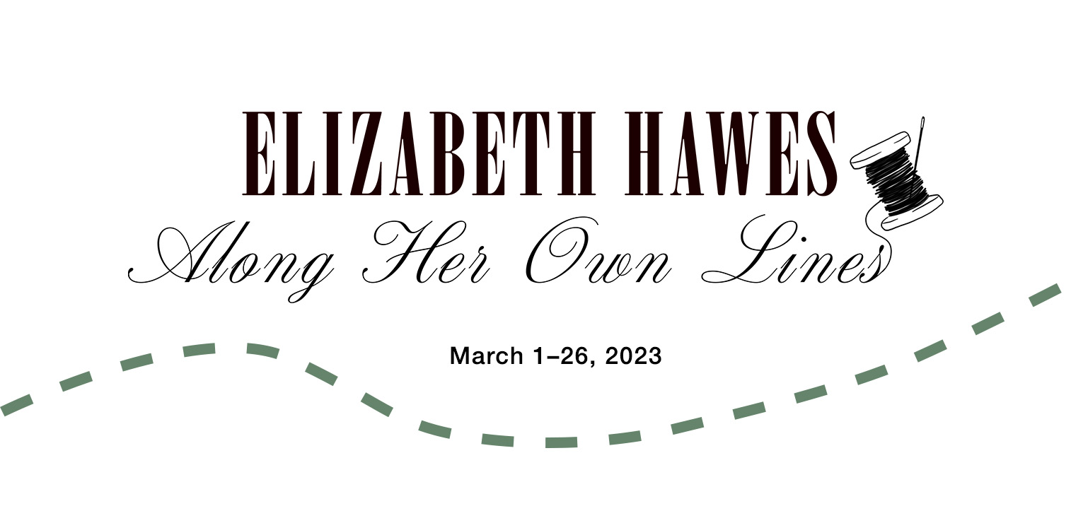 elizabeth hawes exhibition logo with a spool and green stitching 