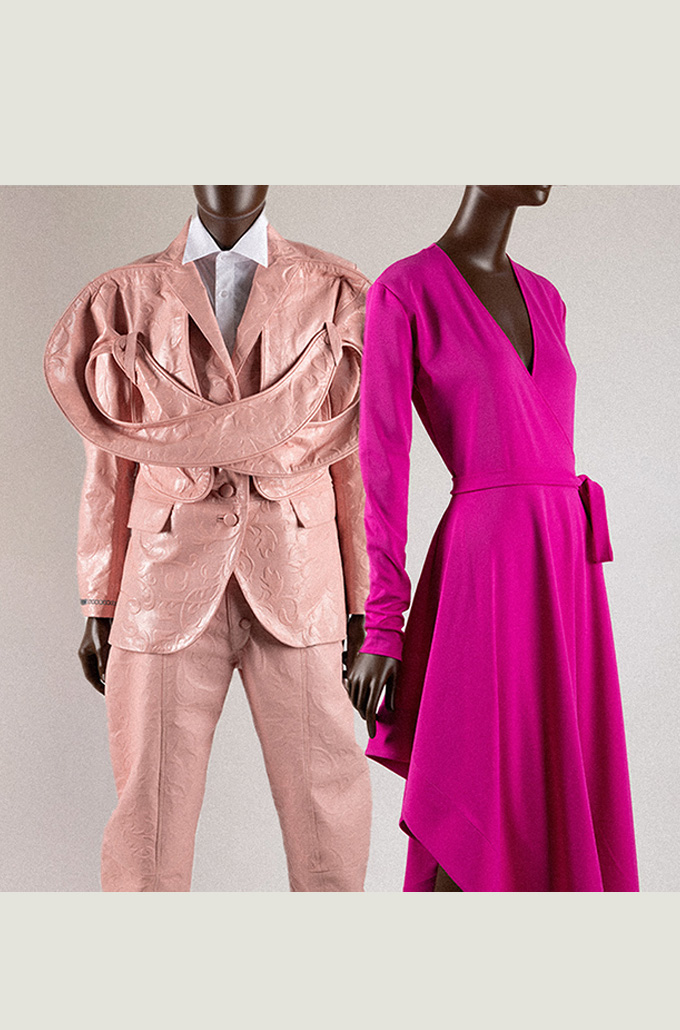 embossed pink leather suit and a hot pink flamenco inspired dress
