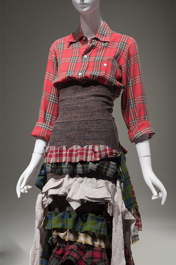 floor length dress with ruffle tiered skirt made from repurposed plaid flannel shirts, heather brown wool knit at midriff & underskirt