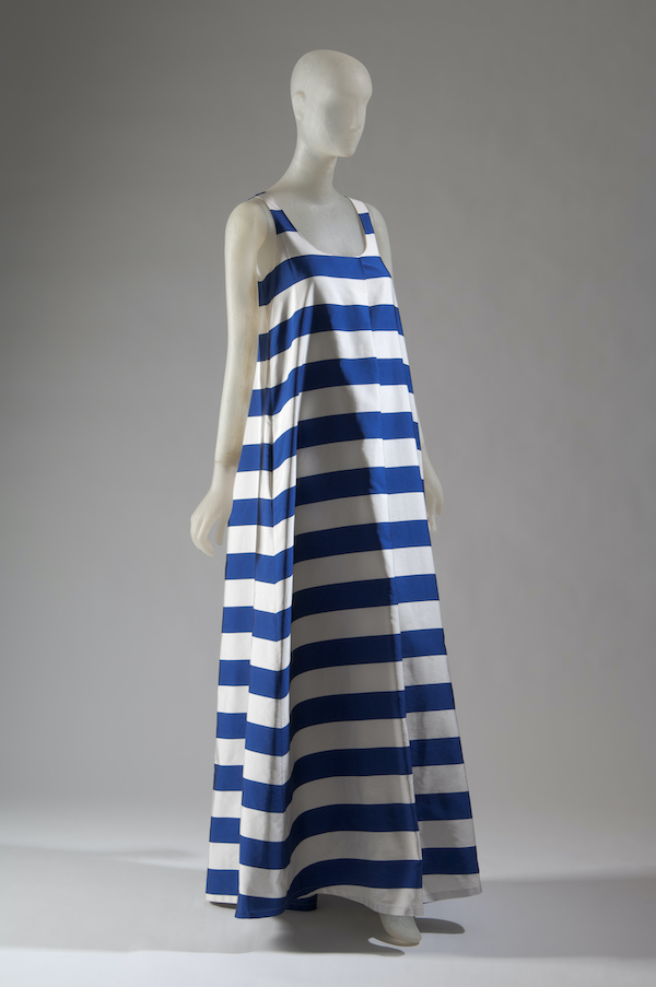 royal blue and white striped floor length sleeveless oversized tent dress with deep side pleat at off-center front neckline