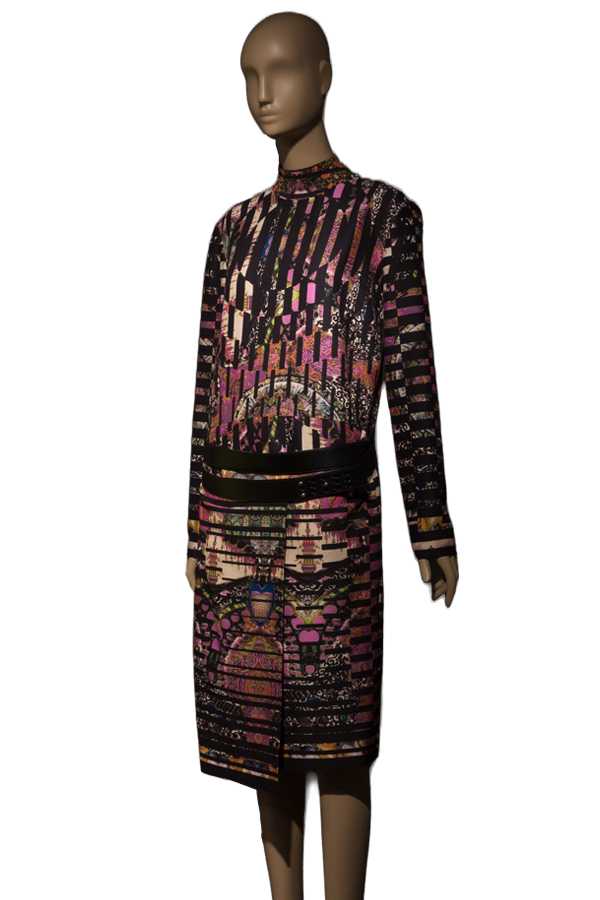 Multicolored modern shift dress with black vertical lines distorting pattern