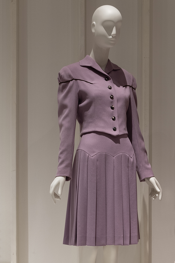 Light purple wool skirt suit with pleated knee skirt