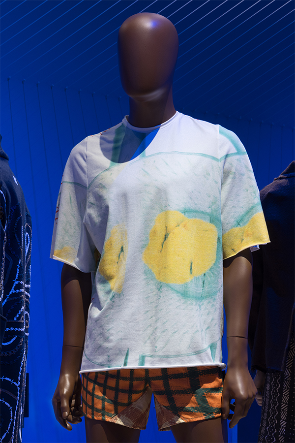 Blue short sleeve t-shirt printed with an image of dumplings on a plate