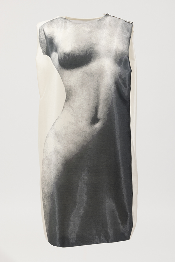 Off white sleeveless, knee-length dress with photo print of nude statue