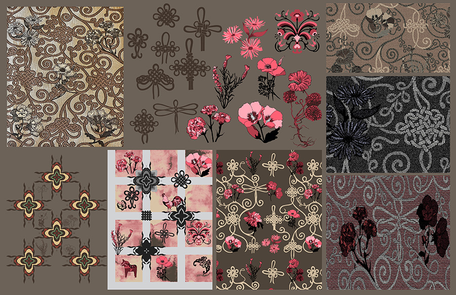A grid of eight textile pattern swatches in muted taupe, pink, black, and cream, featuring floral motifs, ornamental knotwork, and dragonflies