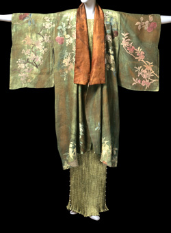 green caftan style ensemble with floral embroidery