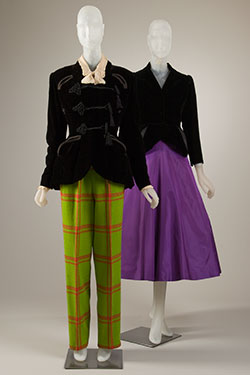 Left: Elizabeth Arden (Antonio Castillo), day ensemble, green plaid wool, black silk velvet, ivory silk chiffon, circa 1946, USA, gift of Doris Duke, 72.81.6. Right: Charles James, dinner ensemble, purple silk taffeta, black silk velvet, 1947, USA, gift of Beatrice Simpson, 77.230.1