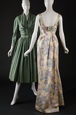 Left: Christian Dior New York, afternoon dress, sea green silk taffeta, circa 1952, France, gift of Mrs. Helen Ziegler, 86.30.1. Right: Christian Dior, evening dress, printed ivory silk satin, spring summer 1956, France, gift of Mrs. Michael Blankfort, 76.233.2