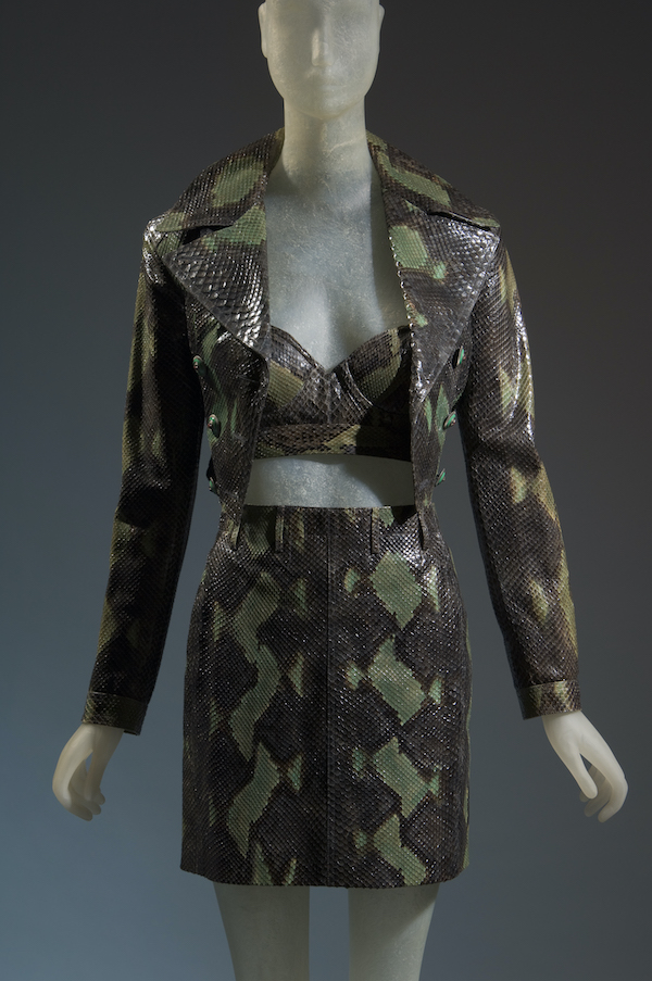 Snakeskin ensemble with skirt, blazer and bra top
