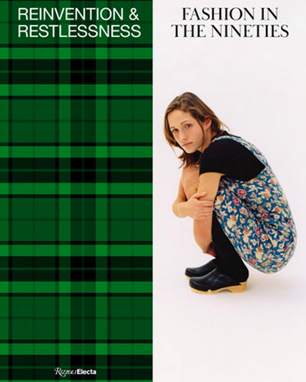 woman in floral pattern dress styled with a back t-shirt underneath and black boots crouching. next to this image is a black and green plaid pattern that takes up half the page