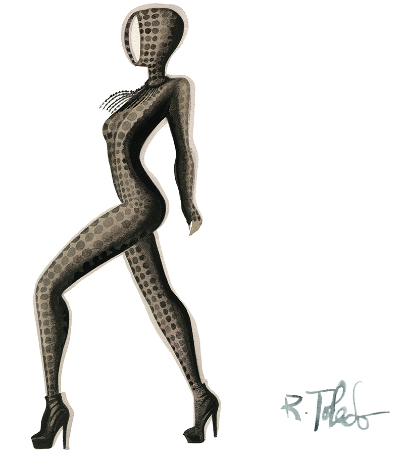 watercolor illustration of figure wearing polkadot jumpsuit