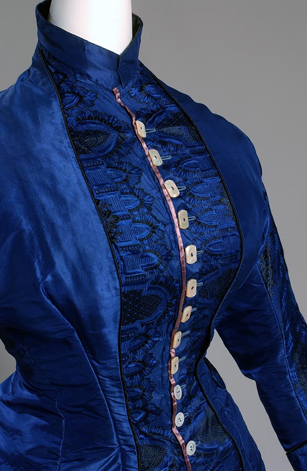 front of royal blue bodice with black embroidery