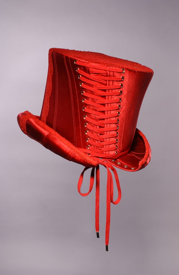corset hat in deep red satin and lace