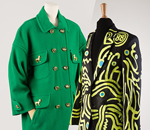 two jacket on mannequins, one bright green and another a black and green pattern