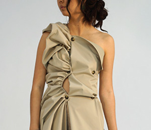 detail ruched khaki asymmetrical dress with trenchcoat buttons