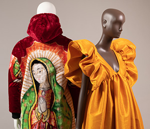 back view of a red devotion coat with an image of the lady of guadeloupe and front view of mustard yellow dress with ruffled sleeves