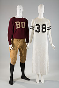 (left) Football uniform with maroon sweater that has the letters BU on front; (right) silk and sequin long football jersey dress with the numbers 38 on front