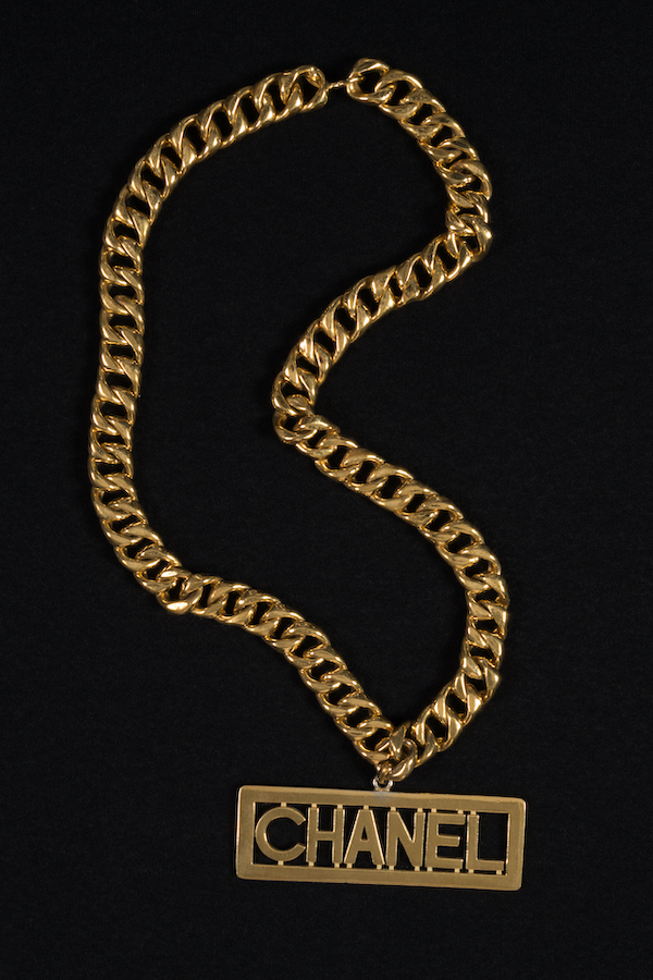 gold plated metal Chanel logo chain necklace