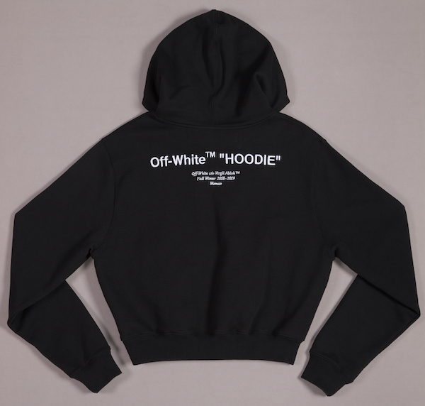 black hoodie with 'Off-White HOODIE' in white 