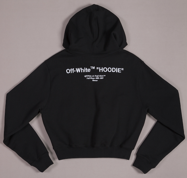 black hoodie with 'Off-White HOODIE' in white
