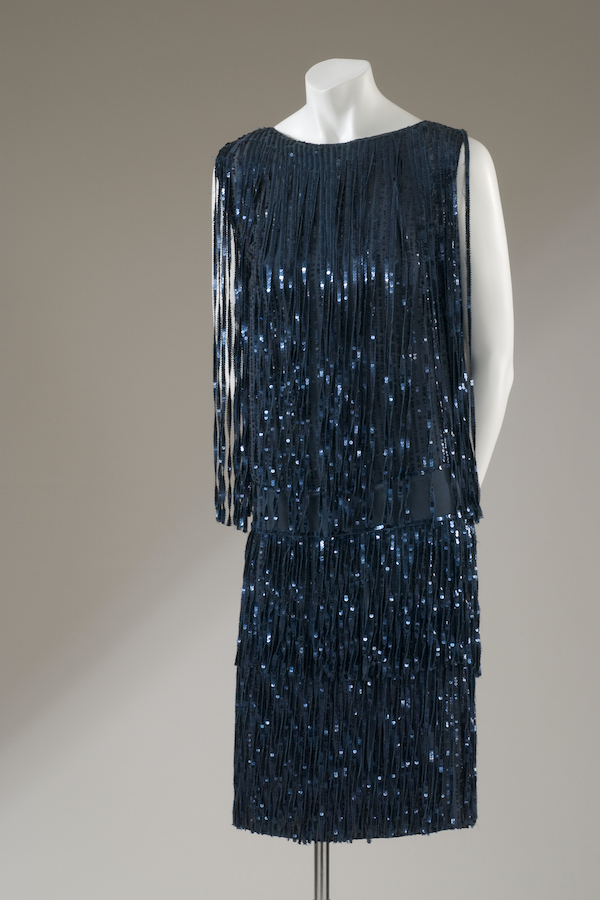 sleeveless shift with blue, sequined vertical ribbons