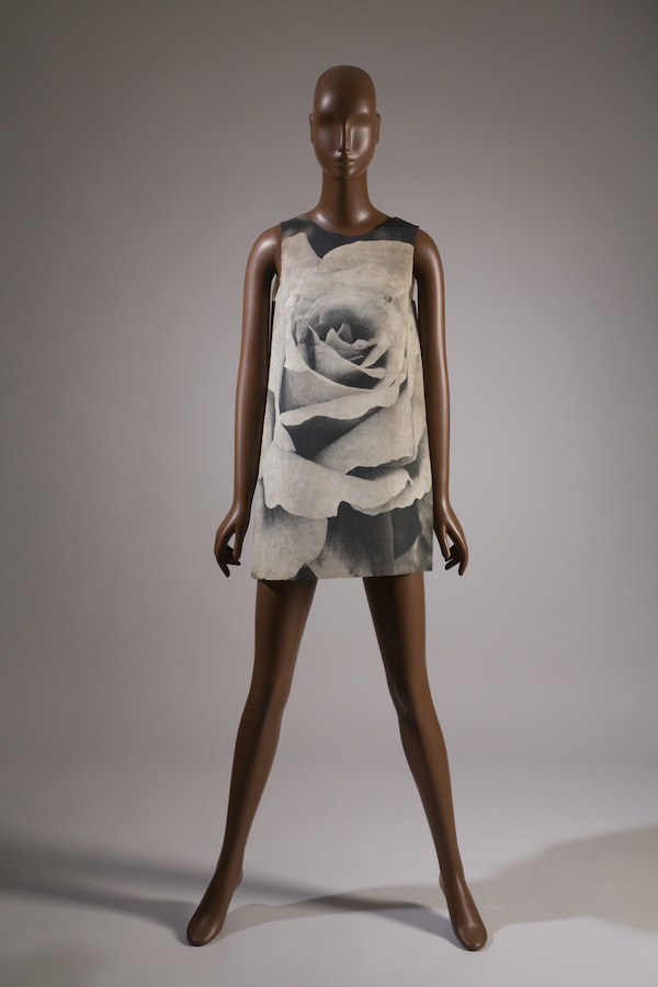 mannequin in sleeveless paper mini-dress with a black and white photographic image of rose on the front 