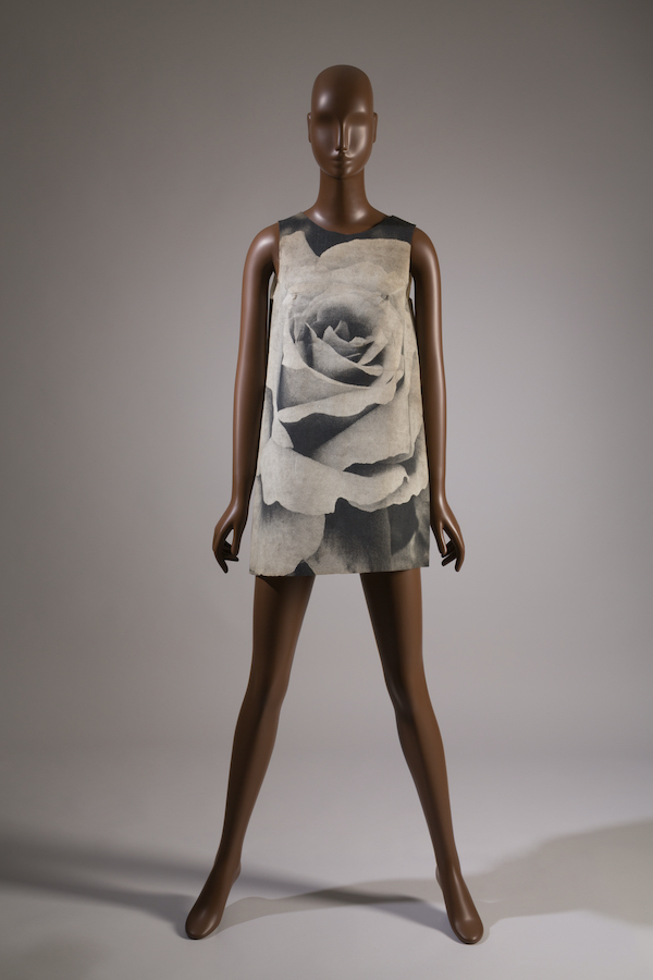 mannequin in sleeveless paper mini-dress with a black and white photographic image of rose on the front