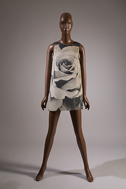 mannequin in sleeveless paper mini-dress with a black and white photographic image of rose on the front