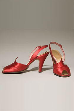 Delman, peep-toe cocktail shoe,  red satin, 1954, USA, gift of Mrs. Janet Chatfield-Taylor Braguin, 81.61.22