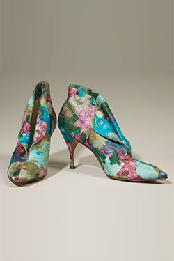 Delman, cocktail shoe, multi-color floral print with gold brocade, circa 1958, USA. Lent by Nina Footwear Corp.