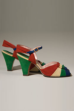 Delman, ankle strap sandal with  peep-toe, red/blue/yellow/green suede, circa 1939, USA, P89.40.34