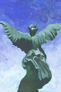 painting from behind of a green statue of a winged woman against a blue sky