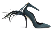teal high-heeled shoe with strap at ankle and feathers attached to heel
