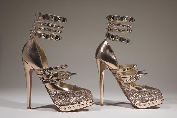 metallic pink leather platform high heel ankle strap pumps with spikes, studs and rhinestones