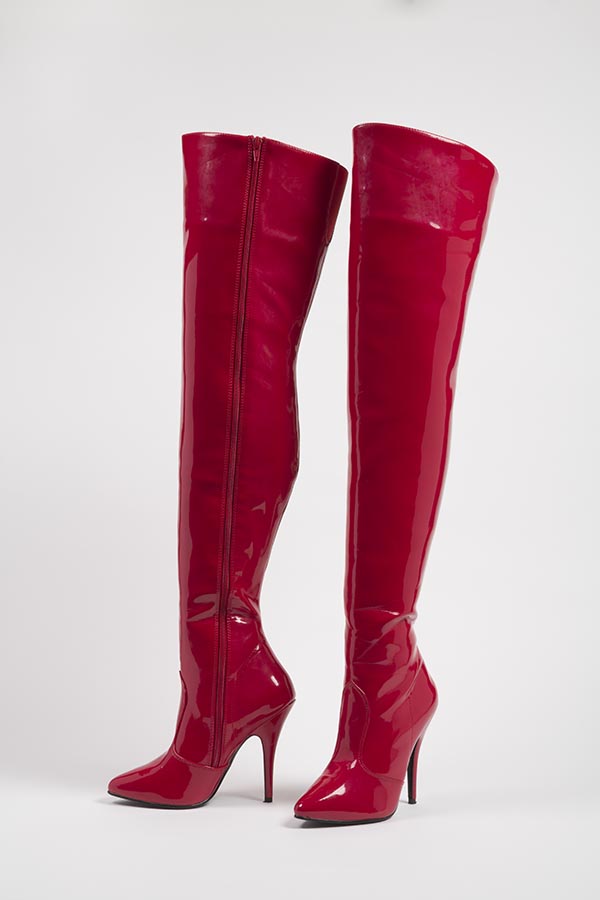 red faux patent leather thigh high boots