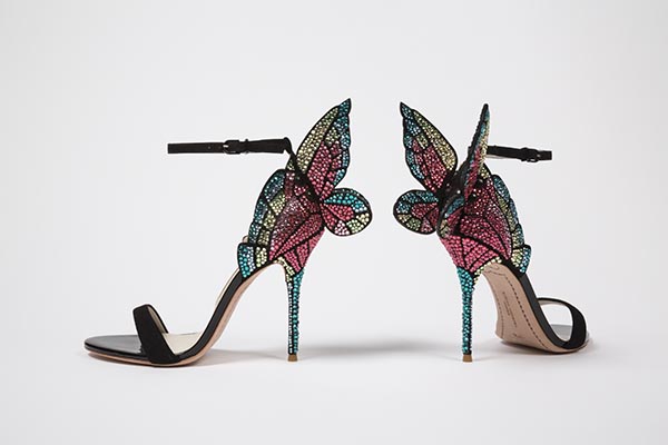 glitter open-toe black high heels with pink and bue butterfly wings