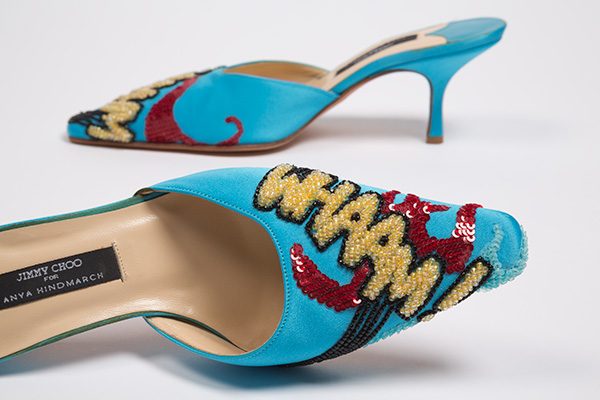 Blue high heel silk satin evening mules with multicolor beaded embellishment in comic book Wham! motif