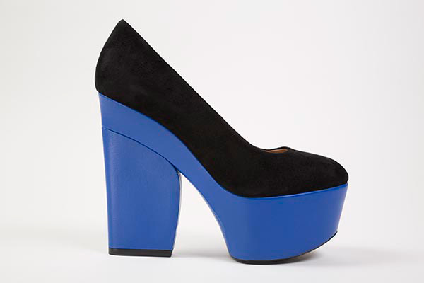 Black suede pumps with blue covered leather high platform and chunky heel