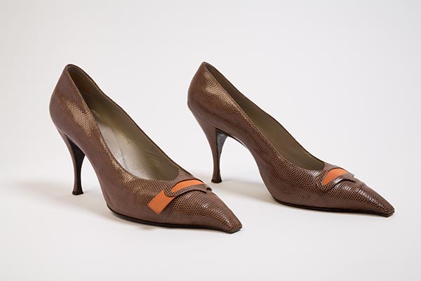 Taupe lizard pumps with elongated narrow square novelty toe, high stiletto heel, and ogival bar with orange silk grosgrain underlay at throat; custom made