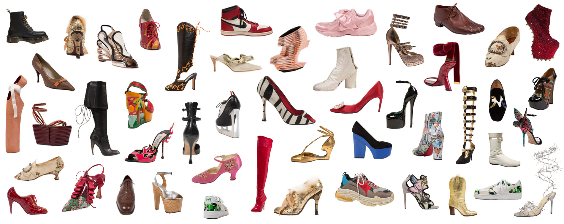 graphic collage of some of the shoes featured in Shoes: Anatomy, Identity, Magic