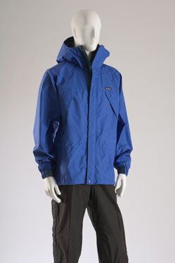 Patagonia, Super Alpine parka and ski pants, blue nylon, black ripstop nylon, 1995, USA, gift of Patagonia, Inc., 95.73.3 and 95.73.4