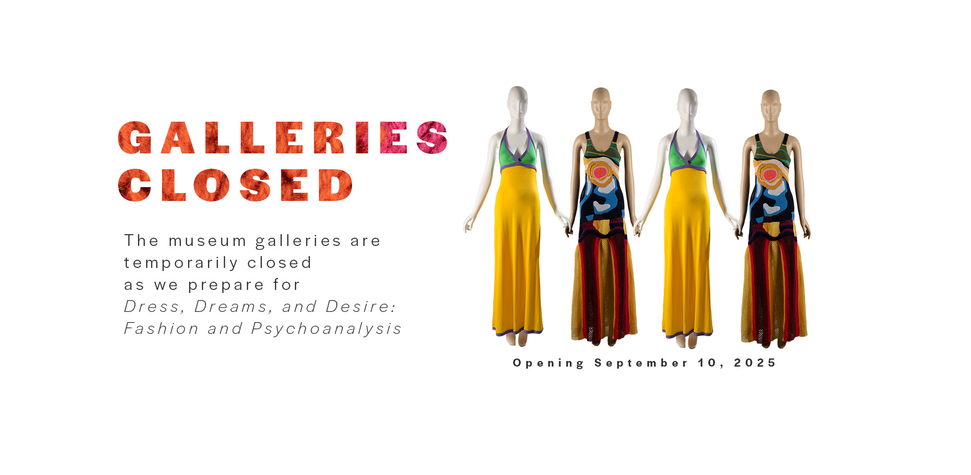 four mannequins in bright, multi-colored floor length summer dresses