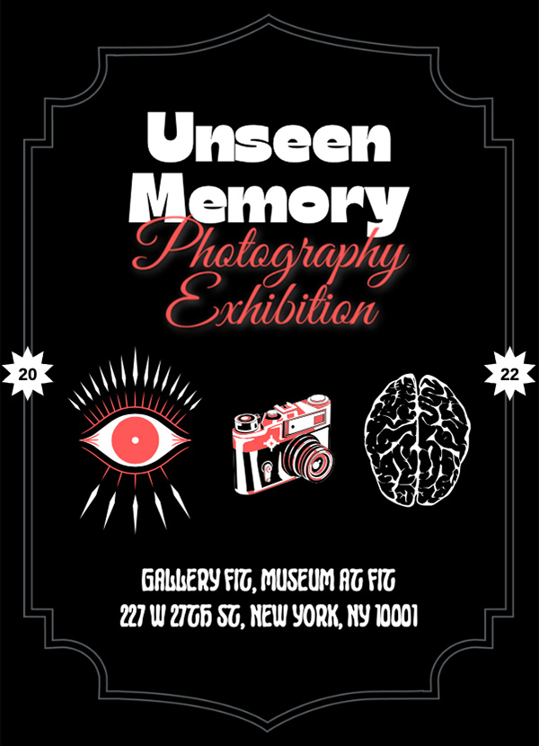 exhibition title in white font against a black background with icons of an eye, a camera, and a brain