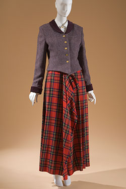 Vivienne Westwood, woman's jacket and skirt ensemble, purple tweed, red tartan wool, white cotton, Time Machine collection, Fall 1988, England, museum purchase, P88.45.3